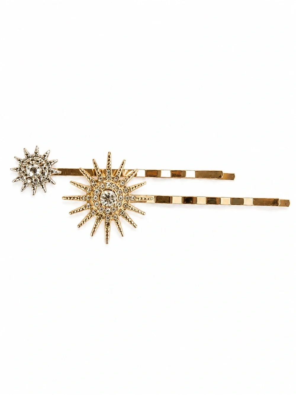 Celestial Sun Rhinestone Bobby Pin Set | Gold & Silver Hair Clips | 2 Piece